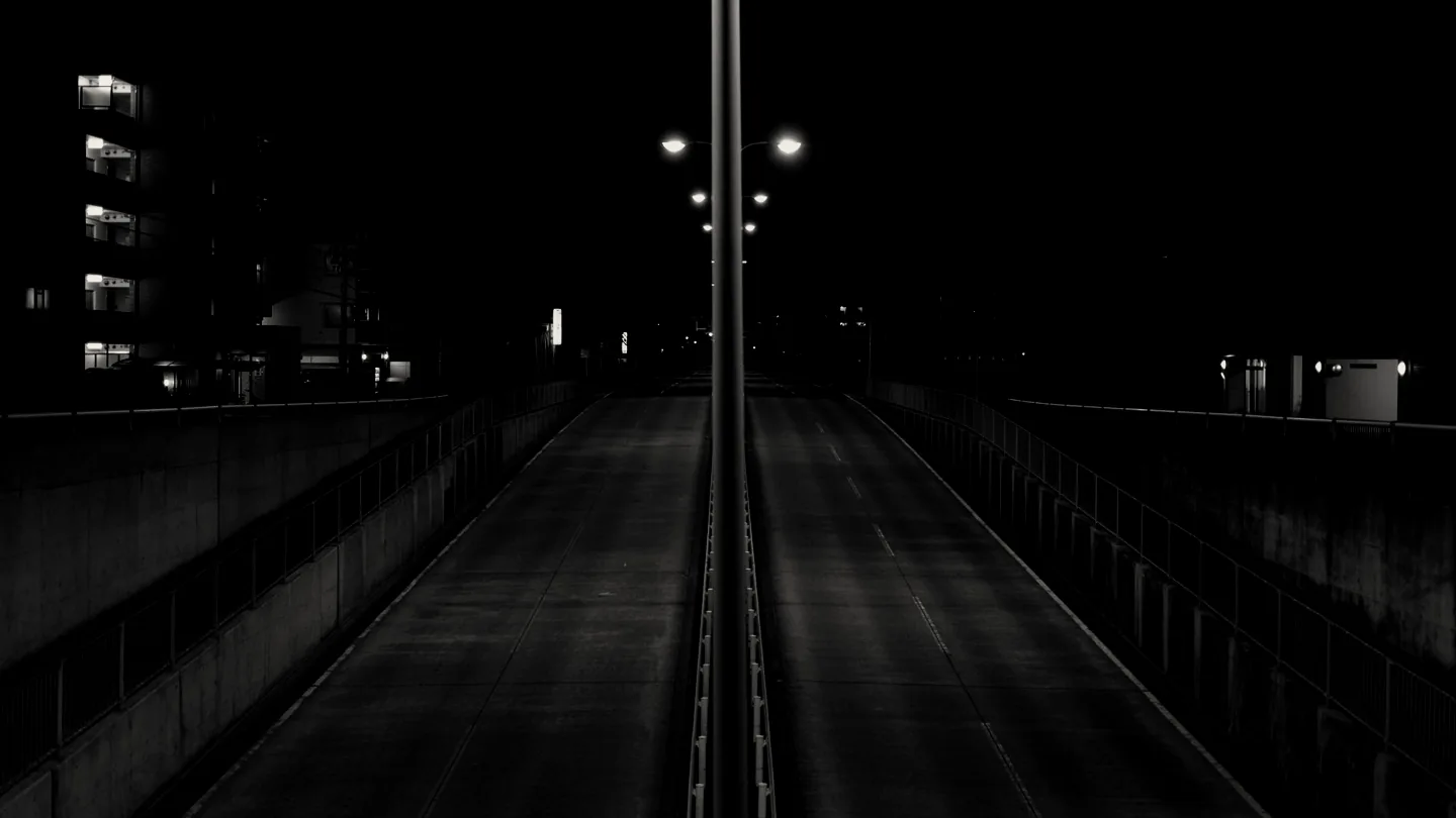 Asfalto vazio em fuga de perspectiva, de madrugada, sob poste de luz.